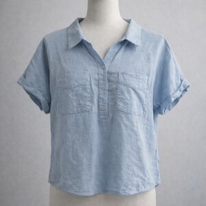 Chigant Button Up Top Womens‎ Small Blue Linen Blend Short Sleeve Henley Pocket
